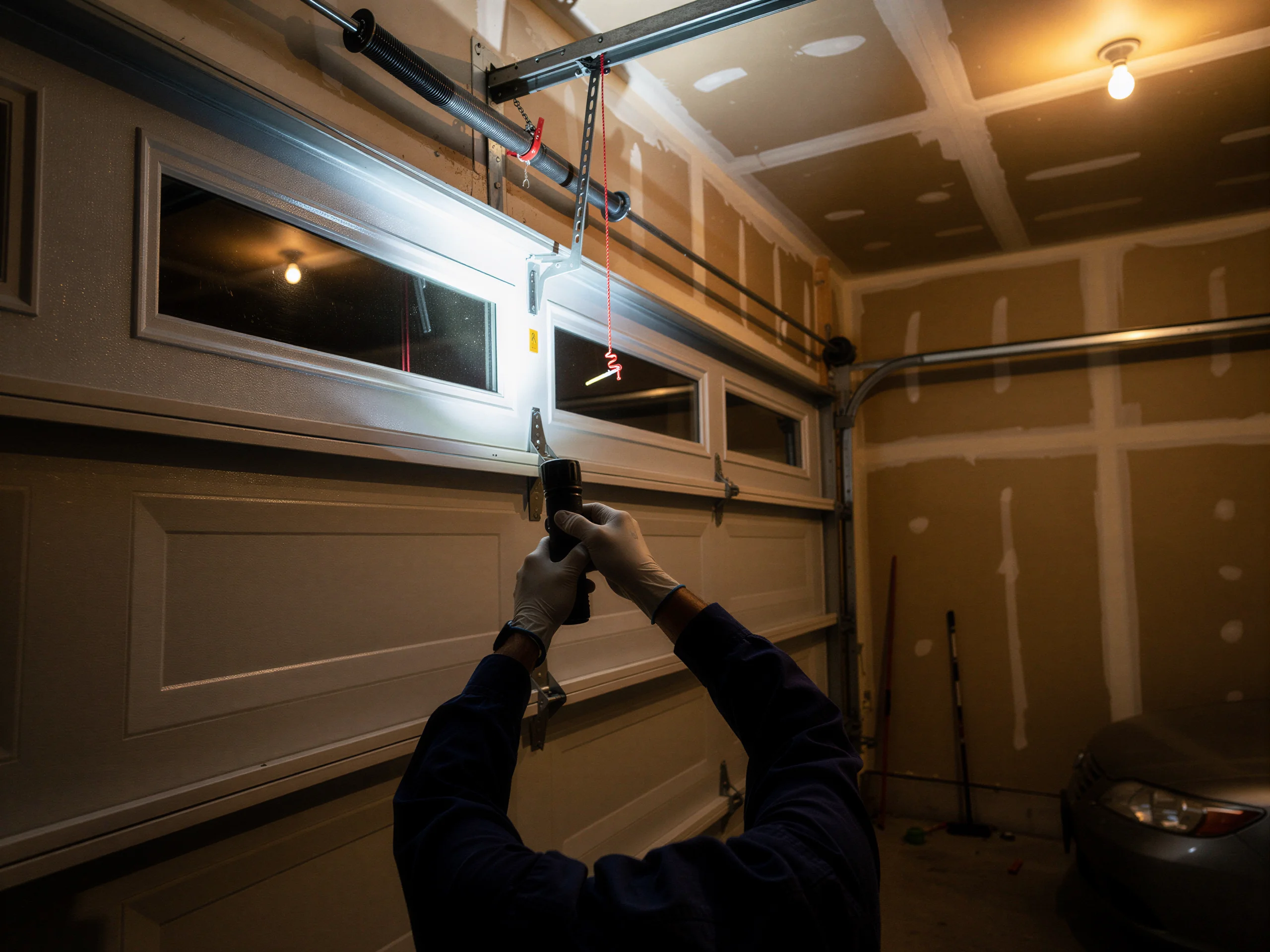 A technician shines a flashlight on a white garage door with windows.