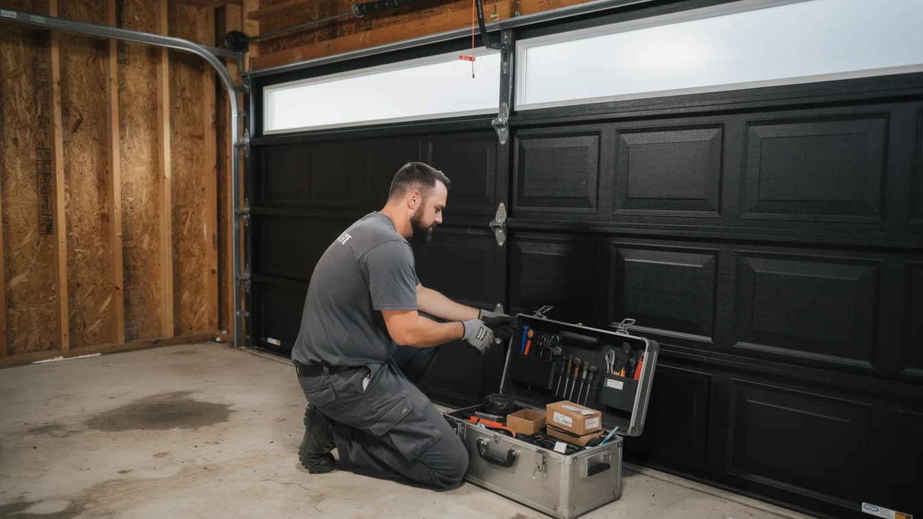 A technician kneels by an open toolbox in front of a black garage door.