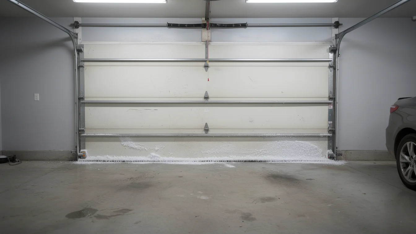 The white garage door has a line of snow and ice along its bottom.
