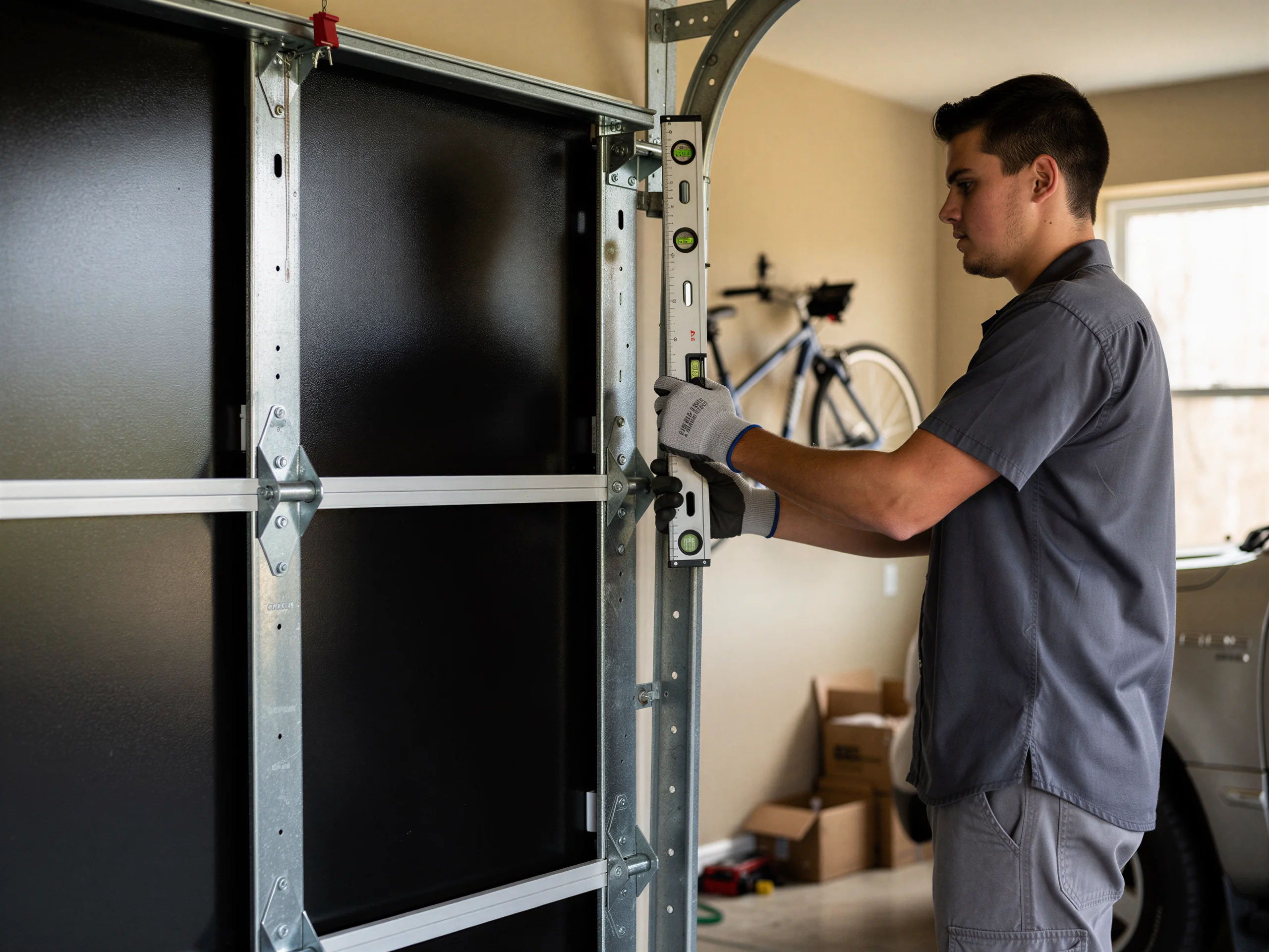A technician uses a level on a garage door track.
