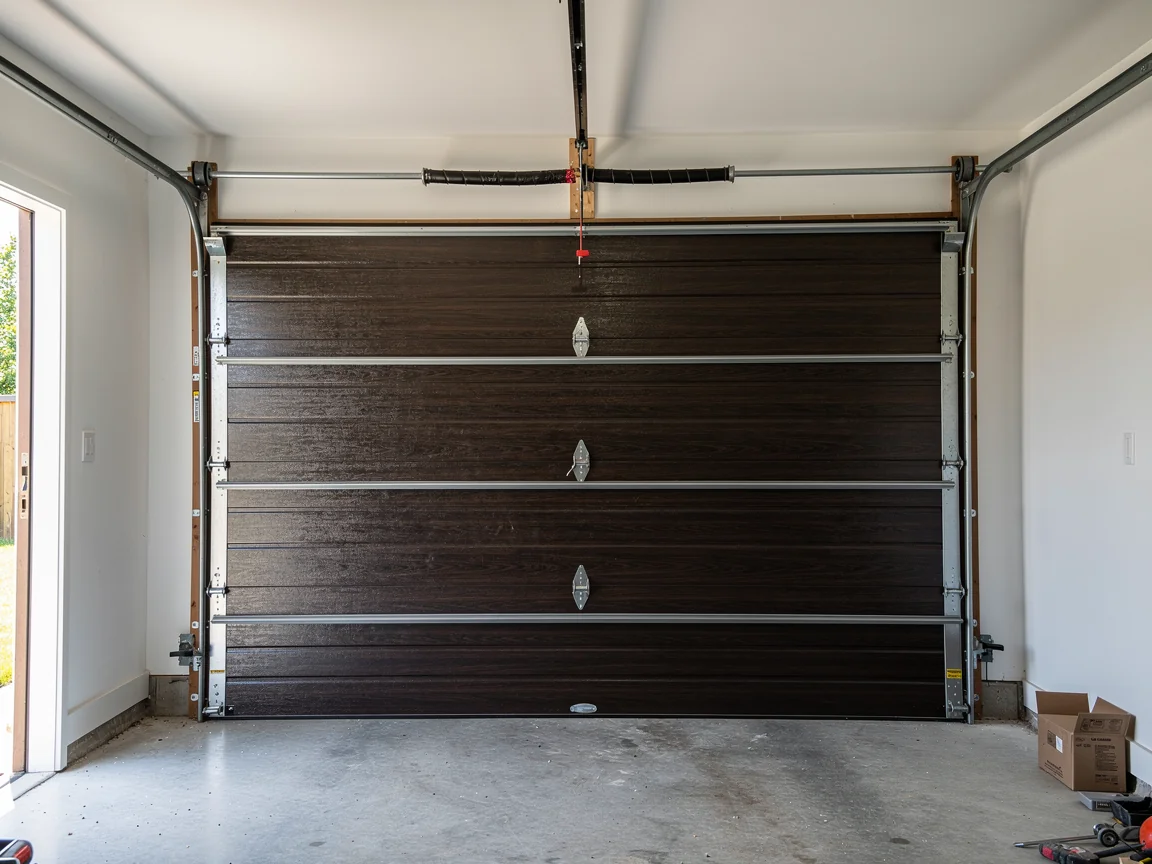 A closed brown garage door with a torsion spring and tracks is visible from inside.